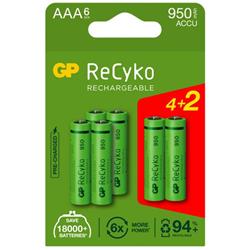GP ReCyko laddbart AAA-batteri, 950 mAh, 4+2-pack