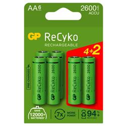 GP ReCyko laddbart AA-batteri, 2600 mAh, 4 + 2-pack