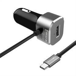 USB-laddare till bilen, USB-C och USB 2.0, 3A + 2.4A