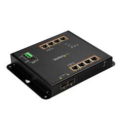 PoE+ Gigabit ethernetswitch med 8 portar + två SFP-anslutningar - kontrollerbar - väggmontering med åtkomst framifrån