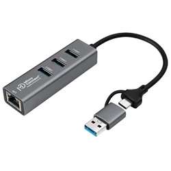 3-portars USB 3.0-hub med Ethernet, USB A/USB-C, 30 cm